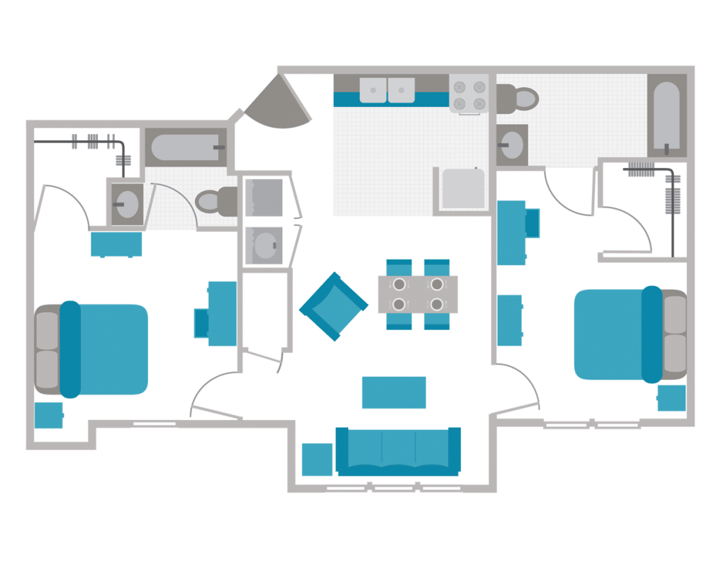 A 3D image of the 2BR/2BA – Upgrade floorplan, a 954 squarefoot, 2 bed / 2 bath unit