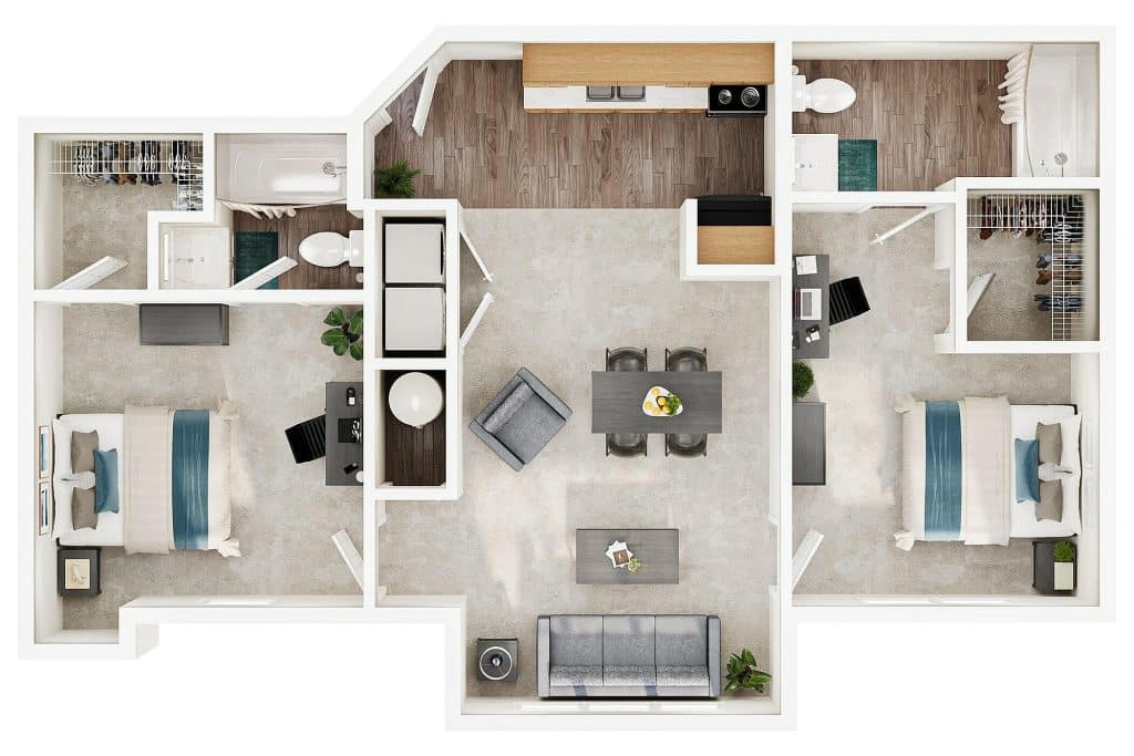 A 3D image of the 2BR/2BA floorplan, a 954 squarefoot, 2 bed / 2 bath unit
