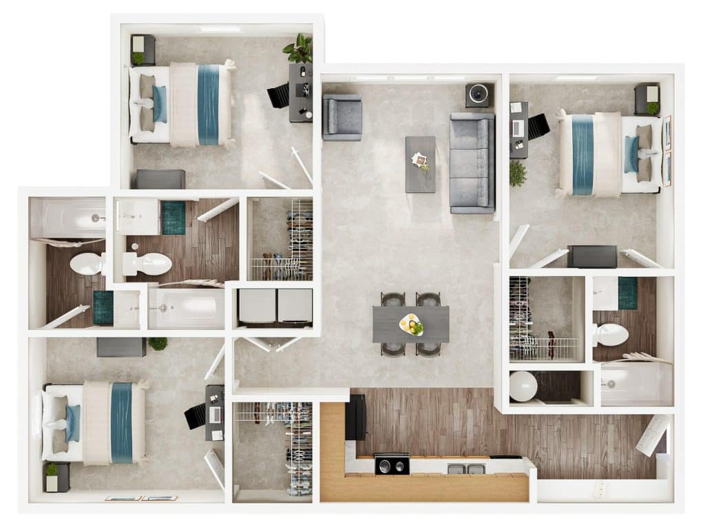 A 3D image of the 3BR/3BA floorplan, a 1238 squarefoot, 3 bed / 3 bath unit