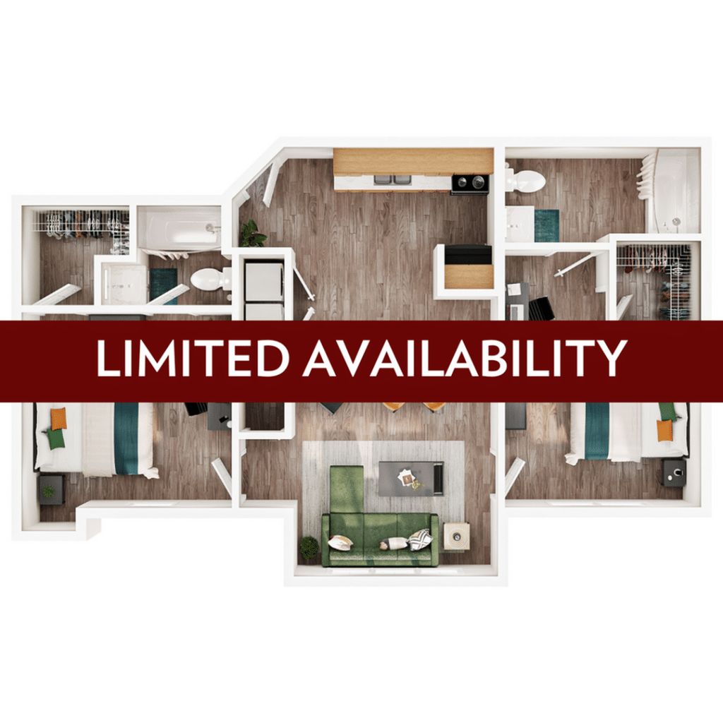A 3D image of the 2BR/2BA – Upgrade floorplan, a 954 squarefoot, 2 bed / 2 bath unit