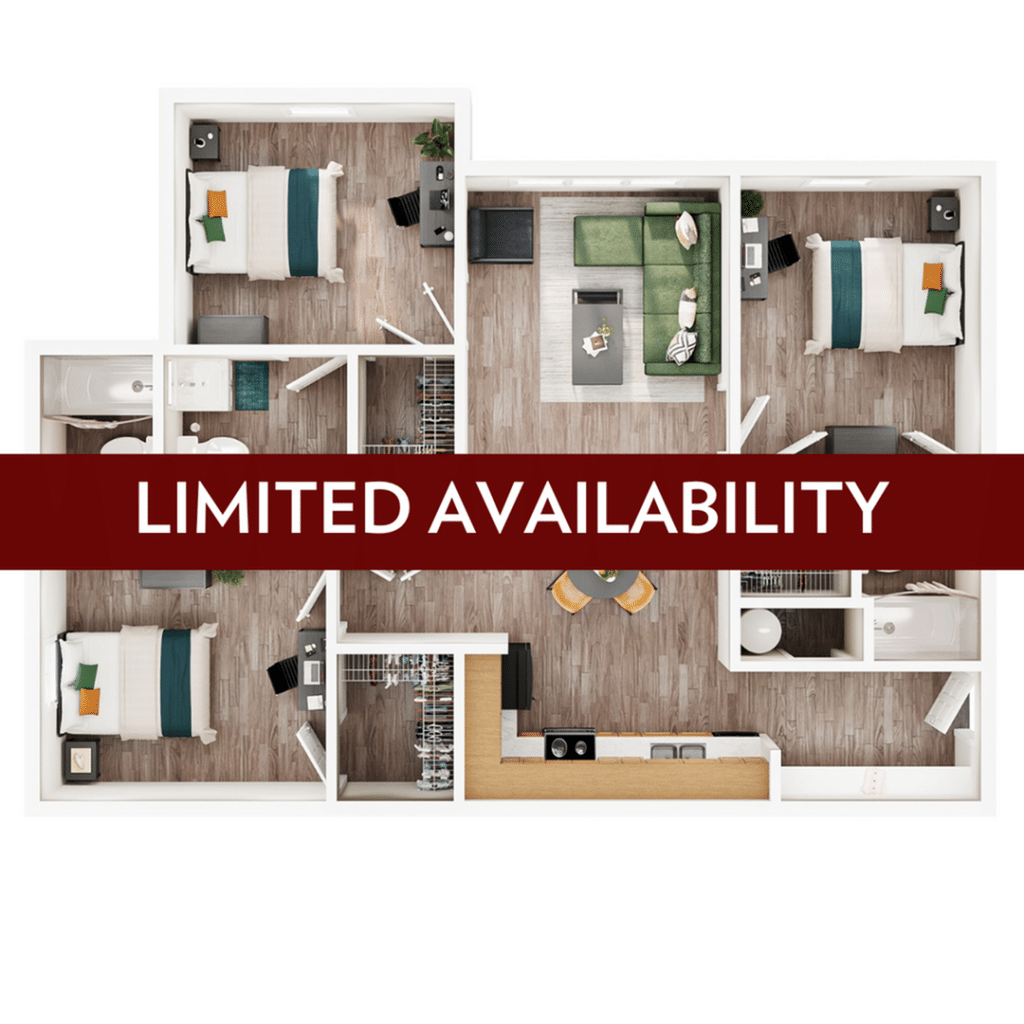 A 3D image of the 3BR/3BA – Upgrade floorplan, a 1238 squarefoot, 3 bed / 3 bath unit