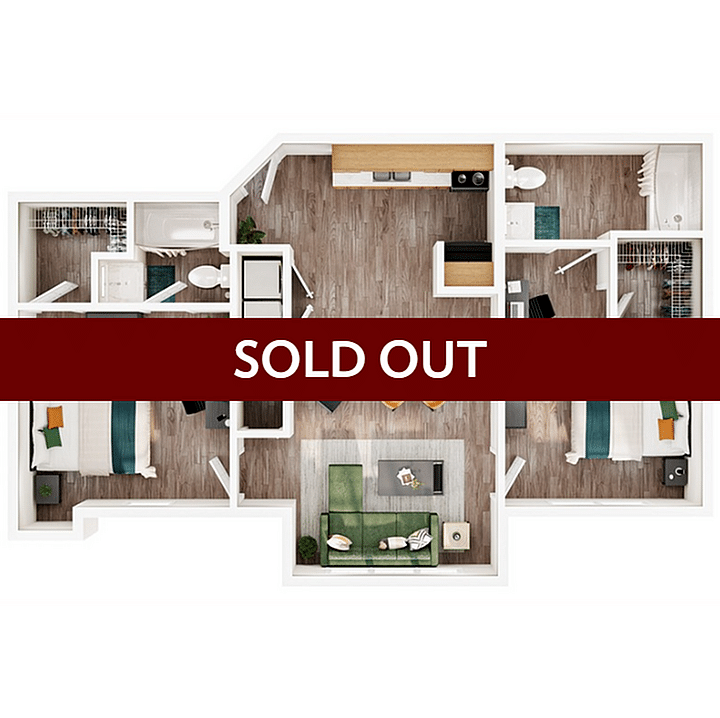 A 3D image of the 2BR/2BA – Upgrade floorplan, a 954 squarefoot, 2 bed / 2 bath unit