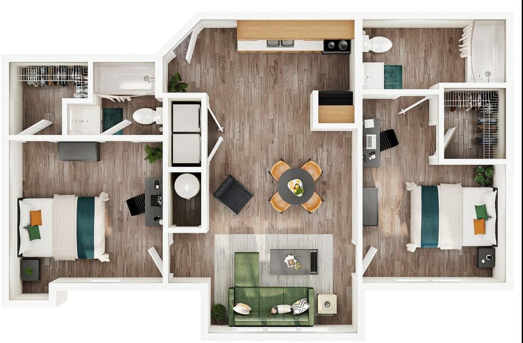 A 3D image of the 2BR/2BA – Upgrade floorplan, a 954 squarefoot, 2 bed / 2 bath unit