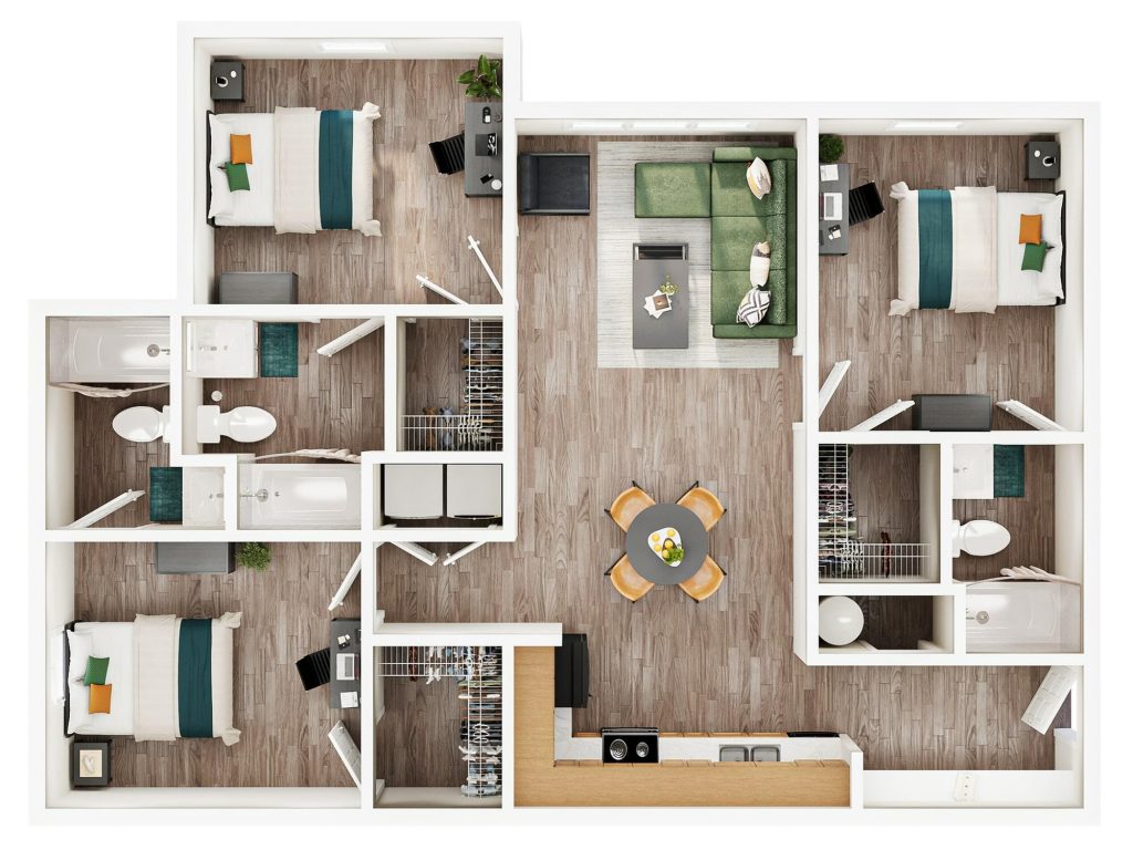 A 3D image of the 3BR/3BA – Upgrade floorplan, a 1238 squarefoot, 3 bed / 3 bath unit